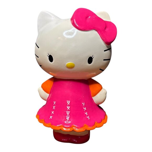 HELLO KITTY Ceramic Coin Piggy Bank 9" Pink Bow Orange Dress /1976/2012 SANRIO - Picture 1 of 13